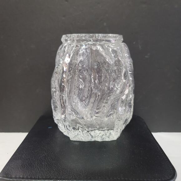 Vintage Ingrid Glashutte Ice block MCM vase 5.5" tall Clear Glass Bark Texture - Picture 2 of 7